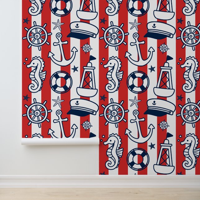 Nautical Doodles – Red & Navy Coastal Stripe Behang (Applicatie)