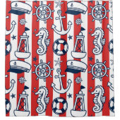 Nautical Doodles – Rood & Marineblauwe Kuststreep Douchegordijn (Voorkant)