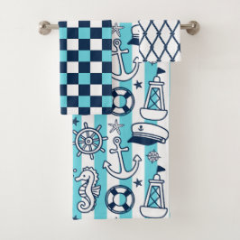 Nautical Doodles – Turquoise & Navy Coastal Stripe Bad Handdoek