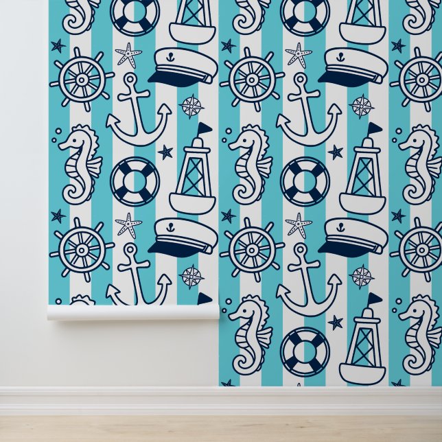 Nautical Doodles – Turquoise & Navy Coastal Stripe Behang (Applicatie)