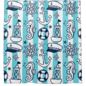 Nautical Doodles – Turquoise & Navy Coastal Stripe Douchegordijn (Voorkant)