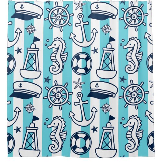 Nautical Doodles – Turquoise & Navy Coastal Stripe Douchegordijn (Voorkant)