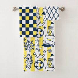 Nautical Doodles – Yellow & Navy Coastal Stripe Bad Handdoek