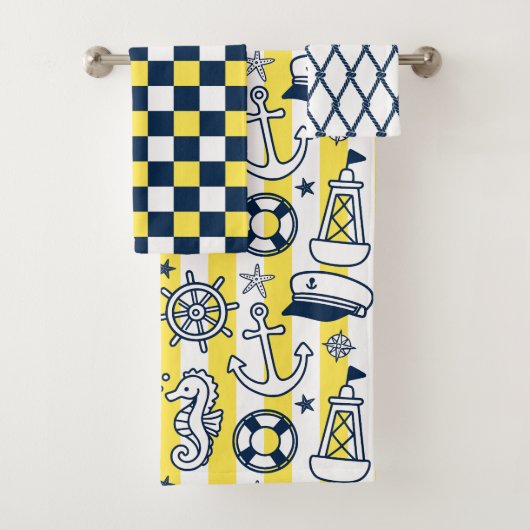 Nautical Doodles – Yellow & Navy Coastal Stripe Bad Handdoek (Insitu)