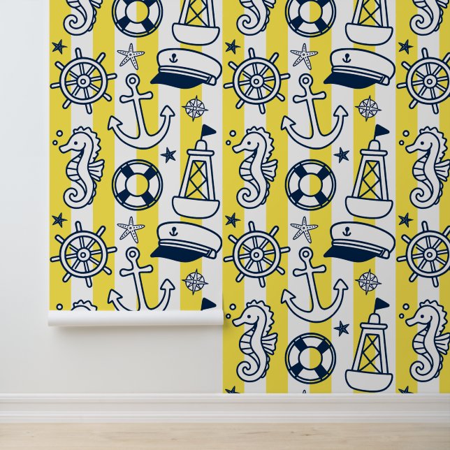Nautical Doodles – Yellow & Navy Coastal Stripe Behang (Applicatie)