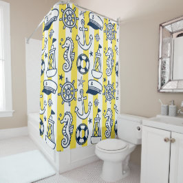 Nautical Doodles – Yellow & Navy Coastal Stripe Douchegordijn
