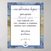 Nautical Dusty Blue & Gold Unplugging #Wedding Sig Poster (Voorkant)