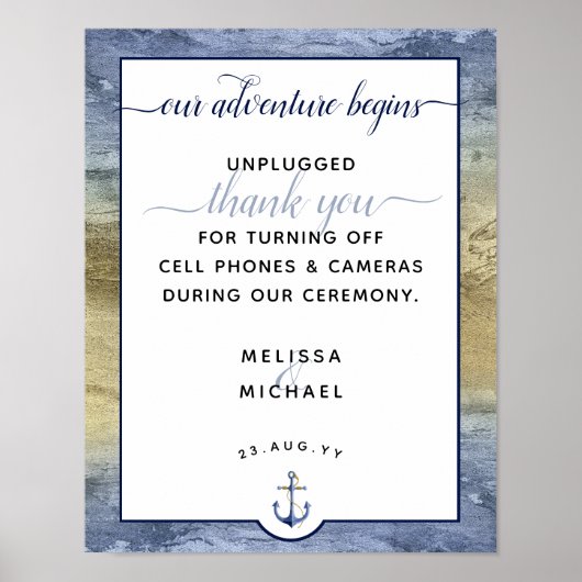 Nautical Dusty Blue & Gold Unplugging #Wedding Sig Poster (Voorkant)