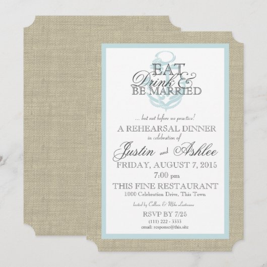 Nautical Eat Drink Getrouwd Repetitie Diner Kaart (Voorkant / Achterkant)