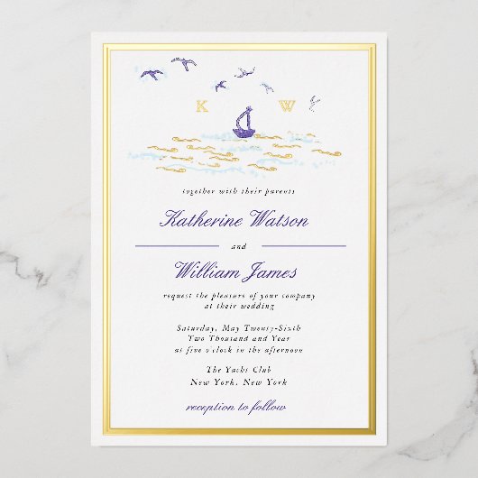 Nautical Elegant Boat Ocean Print Elegant Wedding Folie Uitnodiging (Voorkant)