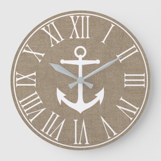 Nautical Elegant Faux Burlap & White Anchor Grote Klok (Voorkant)