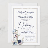 Nautical Elegant Floral Anchor Navy Gold Wedding Kaart (Voorkant)