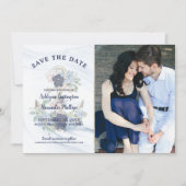 Nautical Elegant Floral Anchor Navy Photo Weddensc Save The Date (Voorkant)