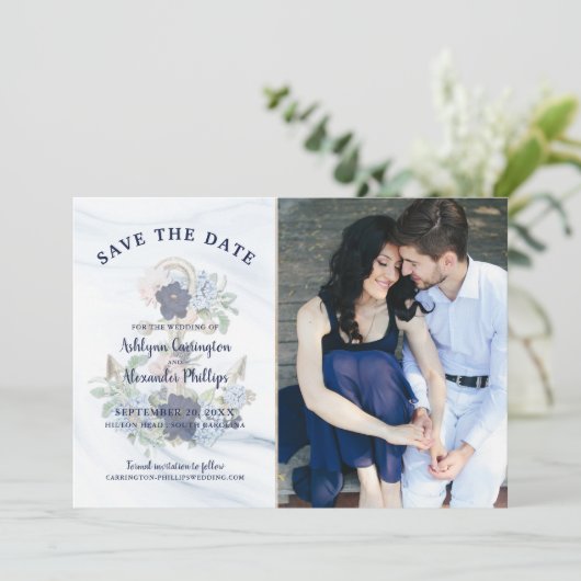 Nautical Elegant Floral Anchor Navy Photo Weddensc Save The Date (Staand voorkant)
