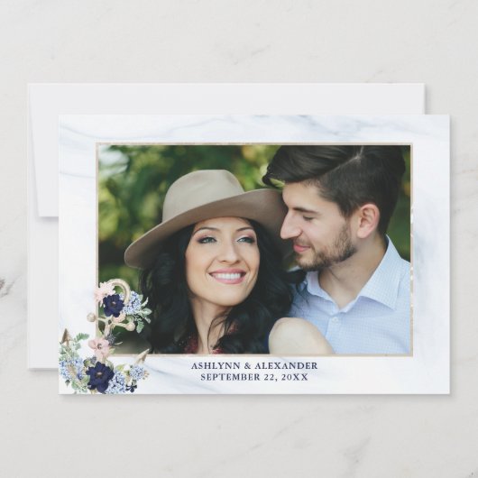 Nautical Elegant Floral Anchor Navy Photo Weddensc Save The Date (Achterkant)