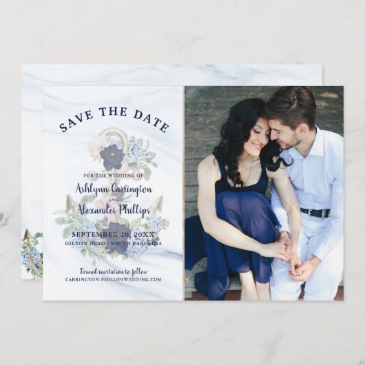 Nautical Elegant Floral Anchor Navy Photo Weddensc Save The Date (Voorkant / Achterkant)