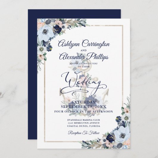 Nautical Elegant Floral Anchor Wedding Invitation Kaart (Voorkant / Achterkant)