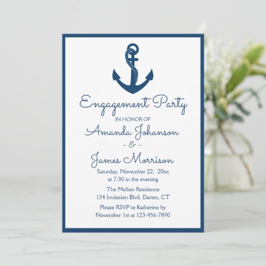 Nautical Engagement Party Marine Blauw Anker Bruil Kaart (Staand voorkant)