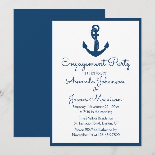 Nautical Engagement Party Marine Blauw Anker Bruil Kaart (Voorkant / Achterkant)