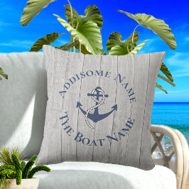 Nautical Family Boat Name Navy Anchor Grey wood Buitenkussen