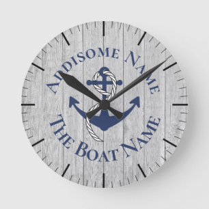 Nautical Family Boat Name Navy Anchor Grey wood   Ronde Klok