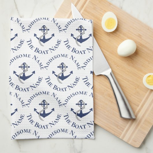 Nautical Family Boat Name Navy Anchor Theedoek (Quarter Fold)
