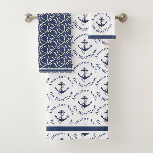 Nautical Family Boat Name Navy Blue Anchor Bad Handdoek (Insitu)