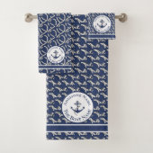 Nautical Family Boat Name Navy Blue Anchor White Bad Handdoek (Insitu)
