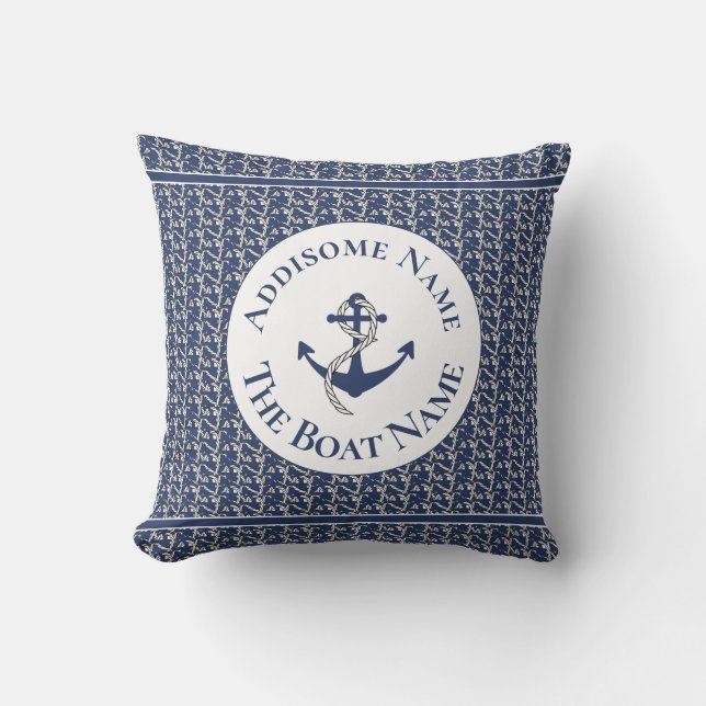 Nautical Family Boat Name Navy Blue Anchor White Kussen (Voorkant)