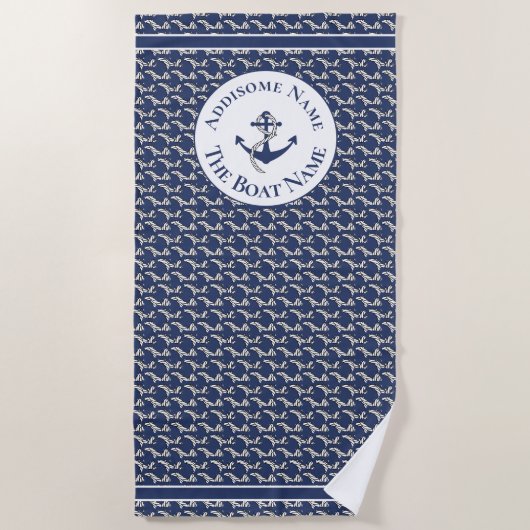 Nautical Family Boat Name Navy Blue Anchor White Strandlaken (Voorkant)