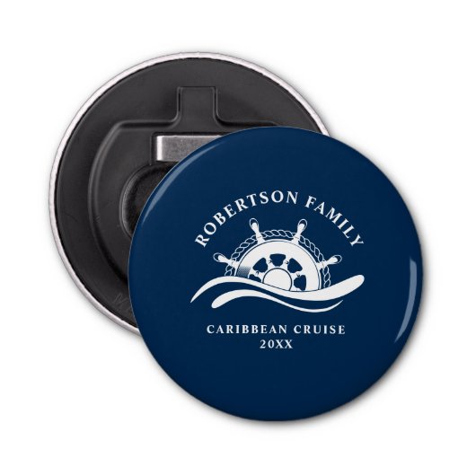 Nautical Family Cruise Schip Wiel Navy Blauw Button Flesopener (Voorkant)