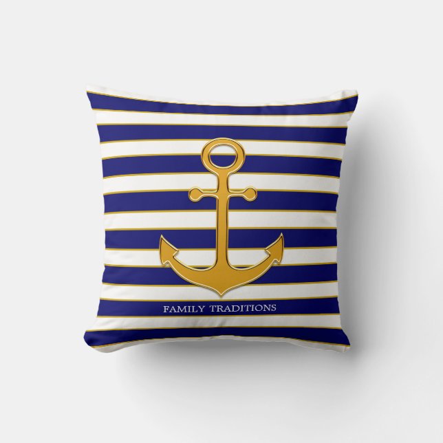 Nautical Family Gold Anchor op Navy Blue & White Kussen (Voorkant)