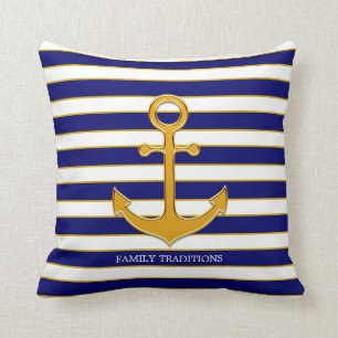 Nautical Family Gold Anchor op Navy Blue & White Kussen