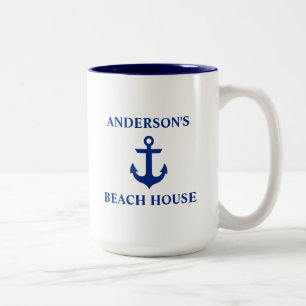 Nautical Family Name Beach House Anchor Blue Large Tweekleurige Koffiemok