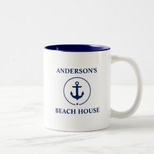 Nautical Family Name Beach House Blue Anchor B Tweekleurige Koffiemok