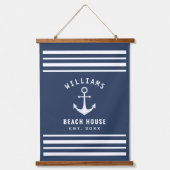 Nautical Family Name Beach House Navy Blue White Hangend Wandkleed (Voorkant)
