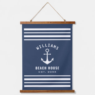 Nautical Family Name Beach House Navy Blue White Hangend Wandkleed