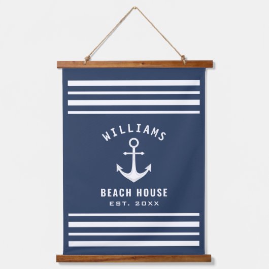 Nautical Family Name Beach House Navy Blue White Hangend Wandkleed (Voorkant)