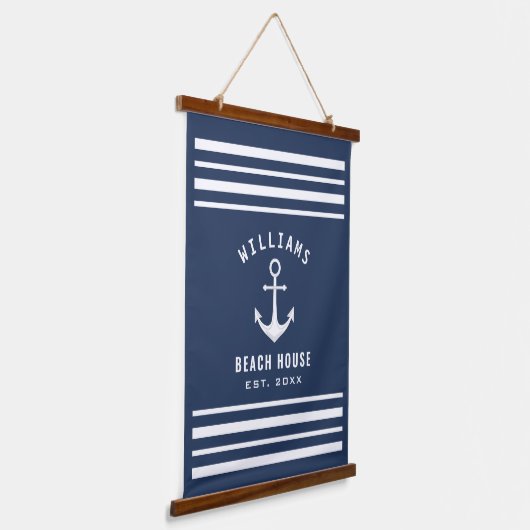 Nautical Family Name Beach House Navy Blue White Hangend Wandkleed (Gebogen)