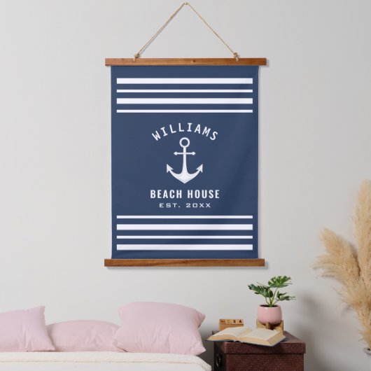 Nautical Family Name Beach House Navy Blue White Hangend Wandkleed (Slaapkamer)