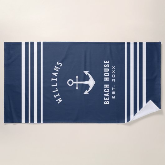 Nautical Family Name Beach House Navy Blue White Strandlaken (Voorkant)