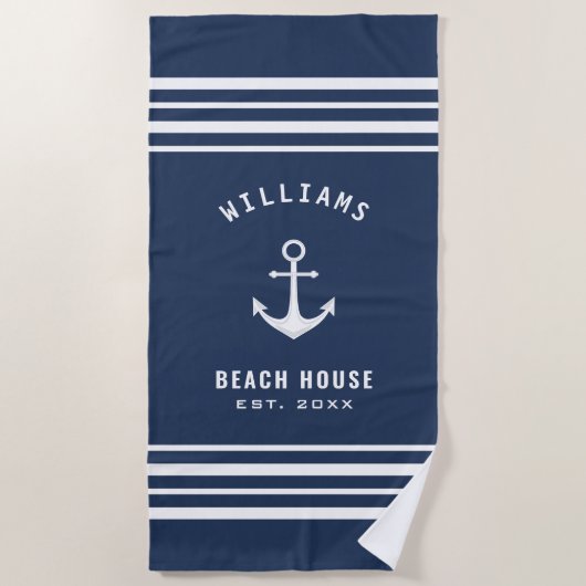 Nautical Family Name Beach House Navy Blue White Strandlaken (Voorkant)