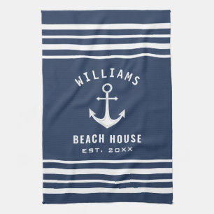 Nautical Family Name Beach House Navy Blue White Theedoek