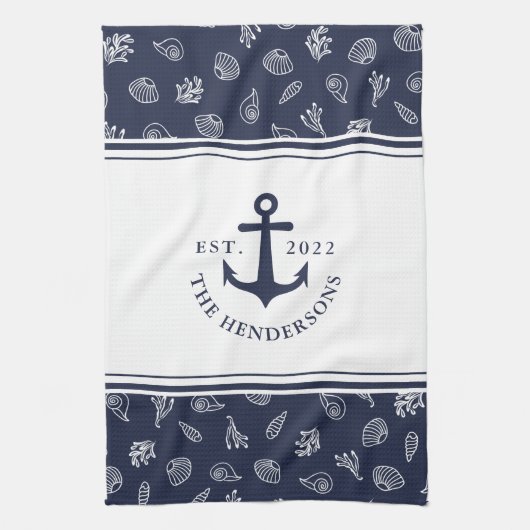 Nautical Family White Navy Blue Anchor Theedoek (Verticaal)