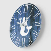 Nautical Faux Blue Wood & Merman Silhouette Grote Klok (Hoek)