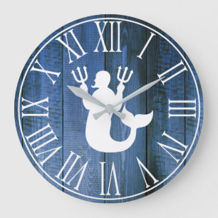Nautical Faux Blue Wood & Merman Silhouette Grote Klok
