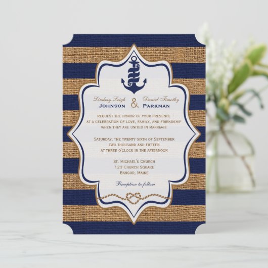 Nautical, FAUX Burlap Stripes Wedding Invite Kaart (Staand voorkant)