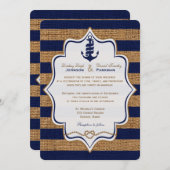 Nautical, FAUX Burlap Stripes Wedding Invite Kaart (Voorkant / Achterkant)
