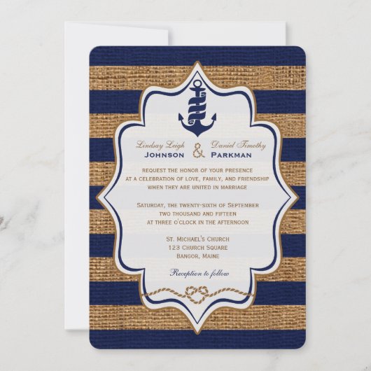 Nautical, FAUX Burlap Stripes Wedding Invite Kaart (Voorkant)