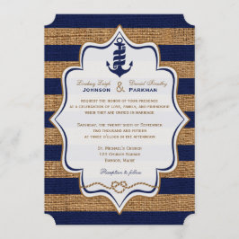 Nautical, FAUX Burlap Stripes Wedding Invite Kaart